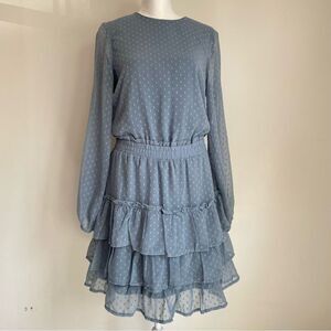 Express Clip Polka Dot Tiered Smocked Waist Dress Blue Dusk Women’s Size XS